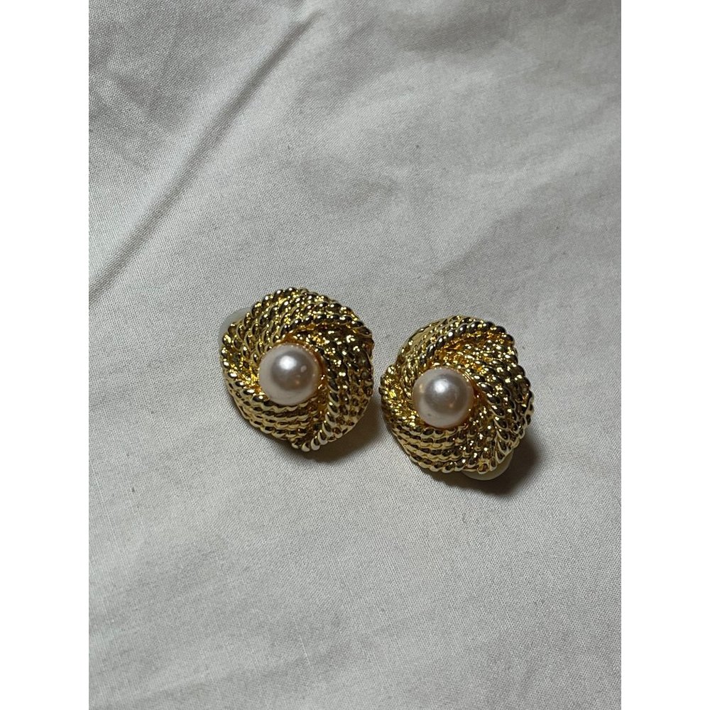 Gold Tone Knot Rope Faux Pearl Clip-On Earrings